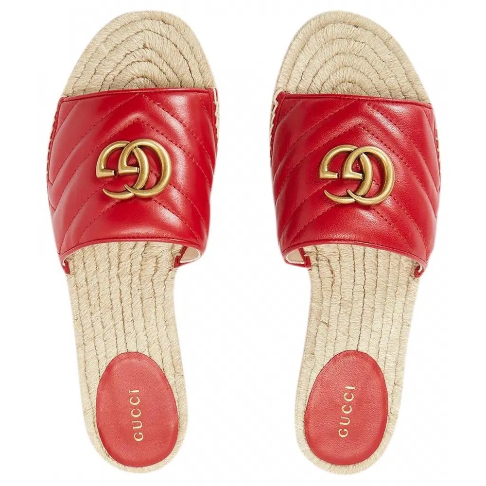 Gucci Nappa Matelasse GG Marmont Espadrille Slide Sandals Hibiscus Red 36 / US 6